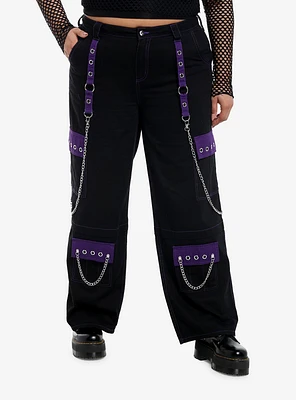 Black & Purple Grommet Strap Carpenter Pants Plus