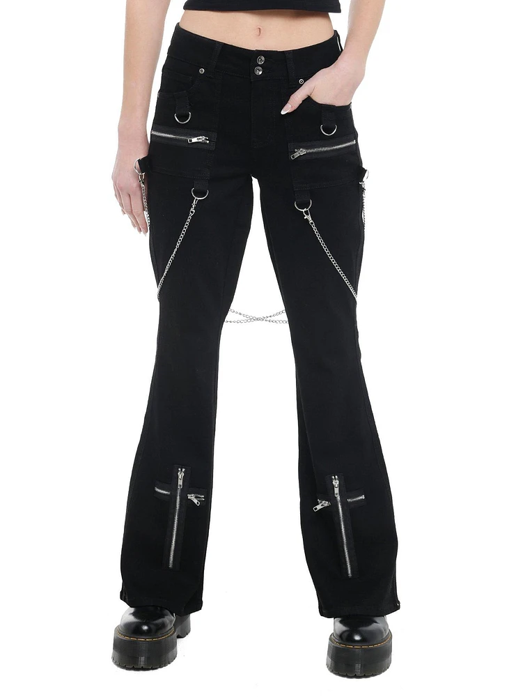 Black Suspender Chain Zipper Flare Pants