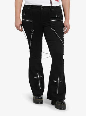 Black Suspender Chain Zipper Flare Pants Plus