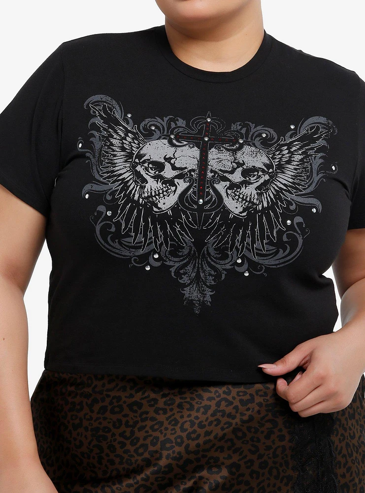 Social Collision Winged Skull Stud & Rhinestone Girls Baby T-Shirt Plus