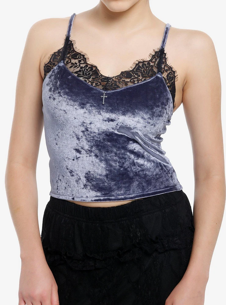 Cosmic Aura Blue Velvet Lace Trim Cami