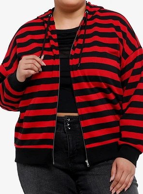 Social Collision Red & Black Stripe Star Patch Girls Hoodie Plus