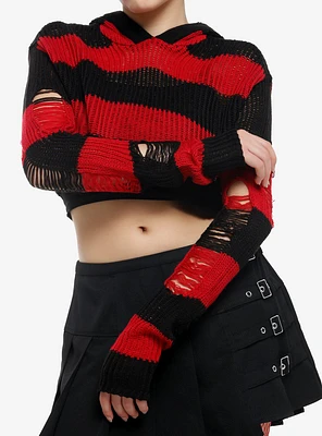 Social Collision Red & Black Stripe Knit Bolero Girls Crop Hoodie