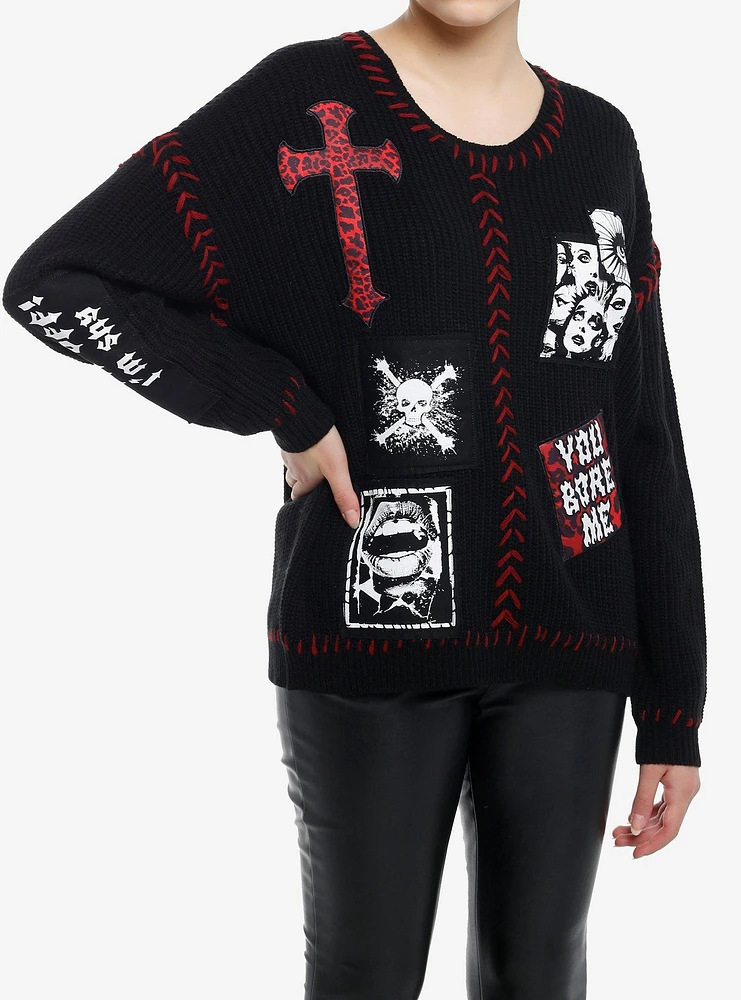 Social Collision Skull & Cross Patches Knit Girls Sweater