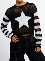 Black & White Star Stripe Open Knit Girls Crop Sweater