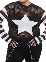 Black & White Star Stripe Open Knit Girls Crop Sweater Plus