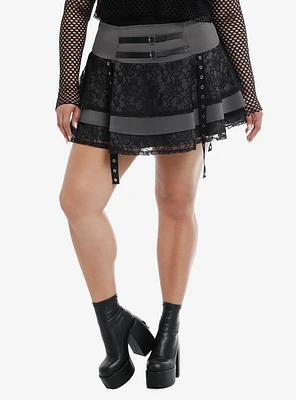 Social Collision Black & Grey Lace Grommet Strap Buckle Skirt Plus