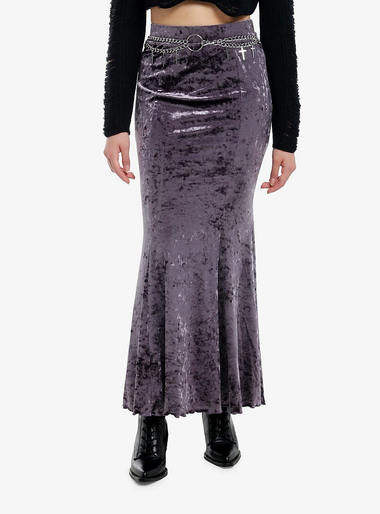 Cosmic Aura Purple Velvet Cross Chain Belt Maxi Skirt