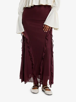 Cosmic Aura Merlot Asymmetrical Ruffle Midaxi Skirt