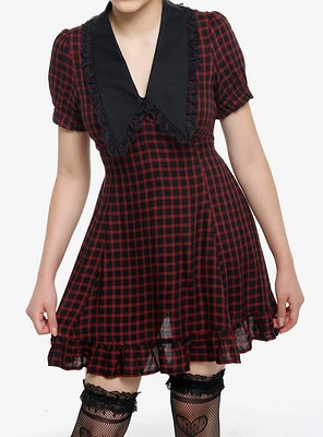 Sweet Society Red & Black Checkered Bib Collar Mini Dress