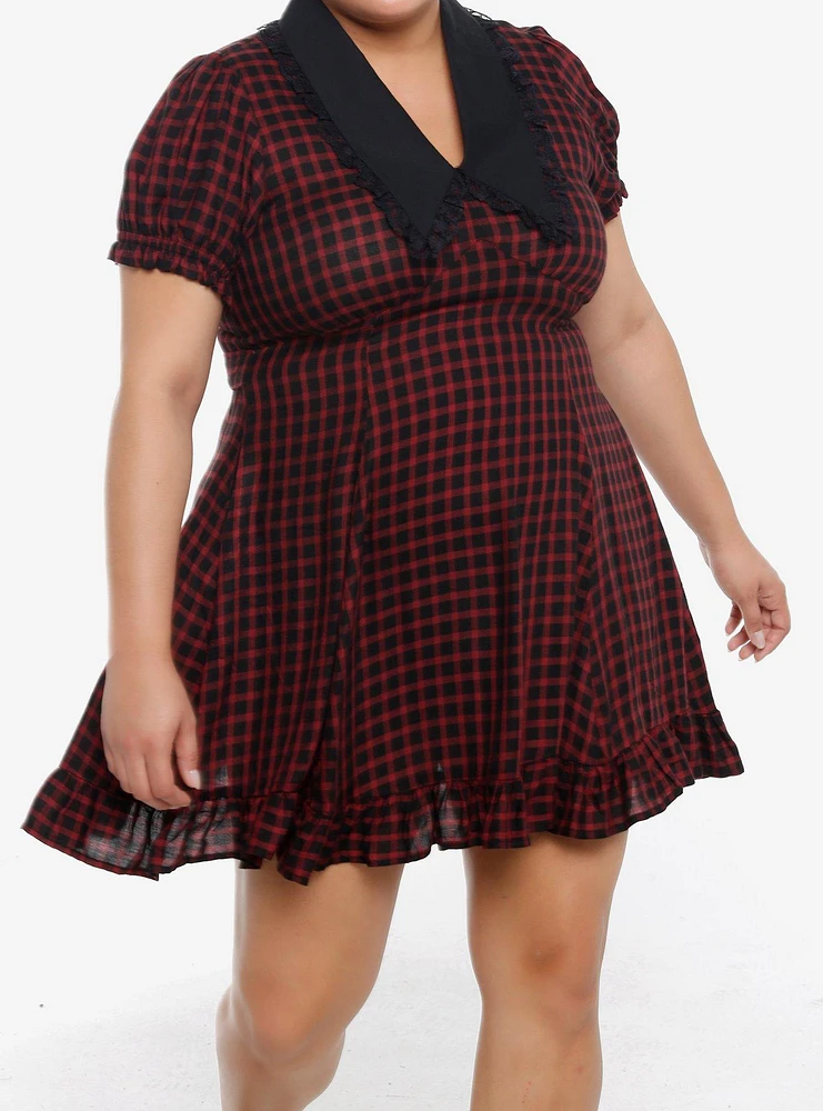 Sweet Society Red & Black Checkered Bib Collar Mini Dress Plus