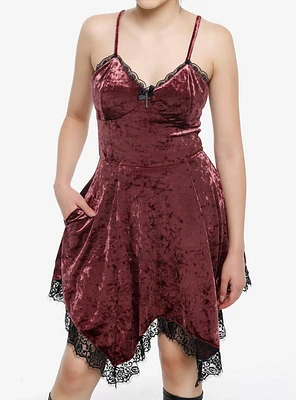 Thorn & Fable Burgundy Velvet Black Lace Hanky Hem Slip Dress