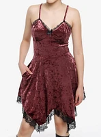 Thorn & Fable Burgundy Velvet Black Lace Hanky Hem Slip Dress