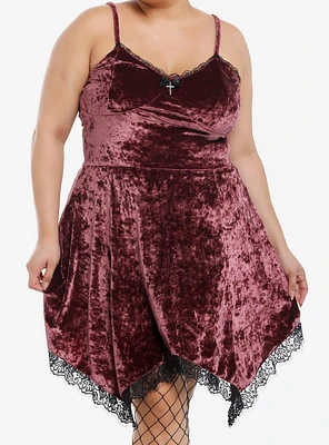 Thorn & Fable Burgundy Velvet Black Lace Hanky Hem Slip Dress Plus