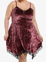 Thorn & Fable Burgundy Velvet Black Lace Hanky Hem Slip Dress Plus