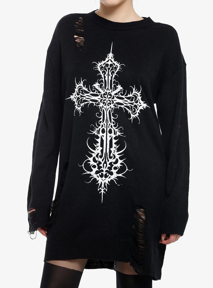 Cosmic Aura Gothic Cross Distressed Sweater Dress