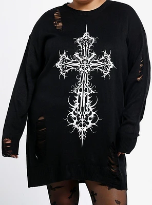 Cosmic Aura Gothic Cross Distressed Sweater Dress Plus