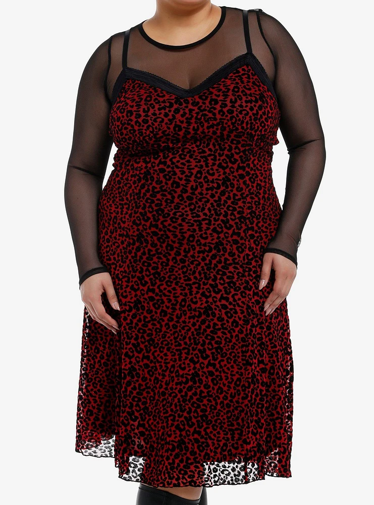 Social Collision Red & Black Leopard Print Fishnet Twofer Dress Plus