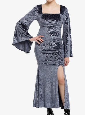 Cosmic Aura Skull Filigree Debossed Velvet Maxi Dress