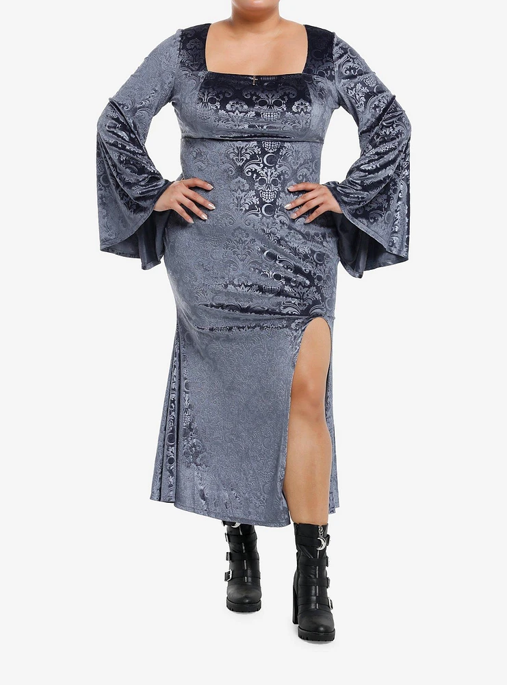 Cosmic Aura Skull Filigree Debossed Velvet Maxi Dress Plus