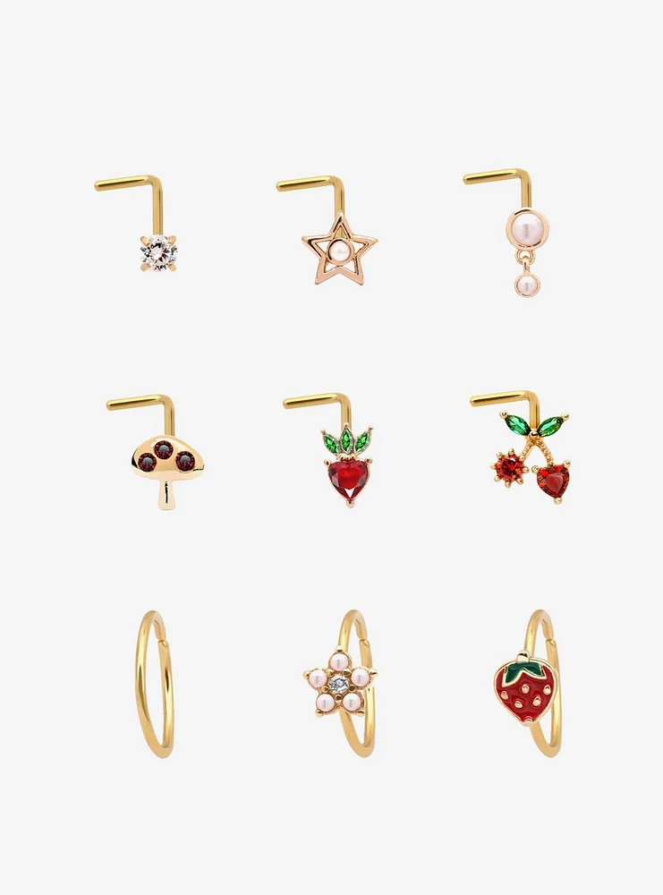 Steel Gold Strawberry & Pearl Nose Stud Hoop 9 Pack