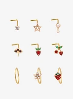 Steel Gold Strawberry & Pearl Nose Stud Hoop 9 Pack