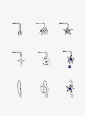 Steel Silver Swirl Star Nose Stud & Hoop 9 Pack