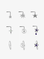 Steel Silver Swirl Star Nose Stud & Hoop 9 Pack