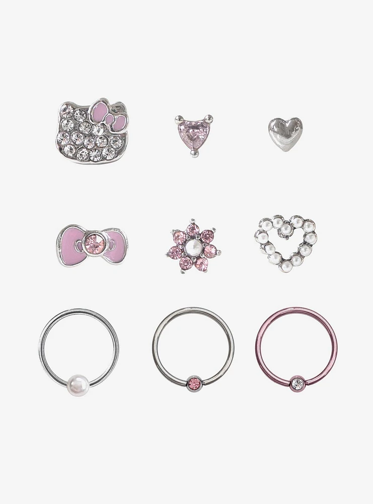 Hello Kitty Steel Silver Icons Nose Stud & Hoop 9 Pack