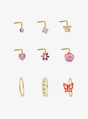 Steel Gold Butterfly & Rose Nose Stud Hoop 9 Pack