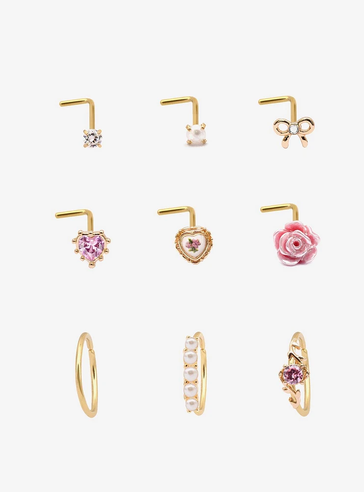 Steel Gold Pink Rose Nose Stud & Hoop 9 Pack