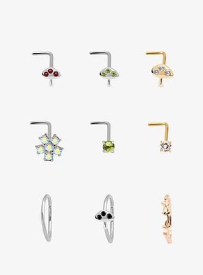 Steel Silver & Gold CZ Mushroom Nose Stud Hoop 9 Pack