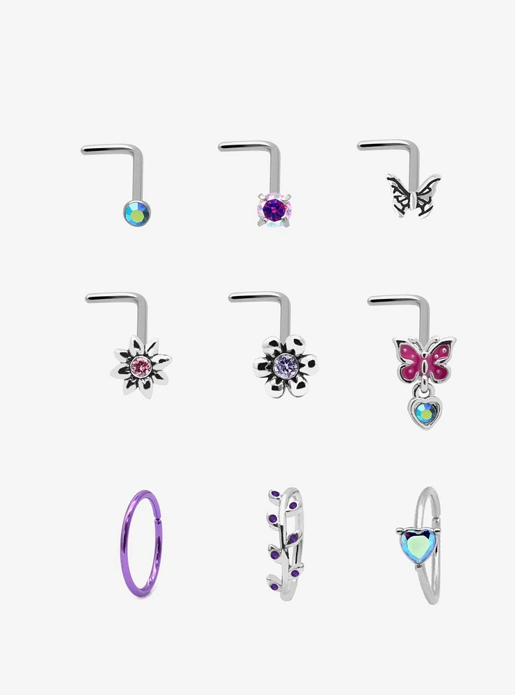 Steel Silver Purple Butterfly Nose Stud & Hoop 9 Pack