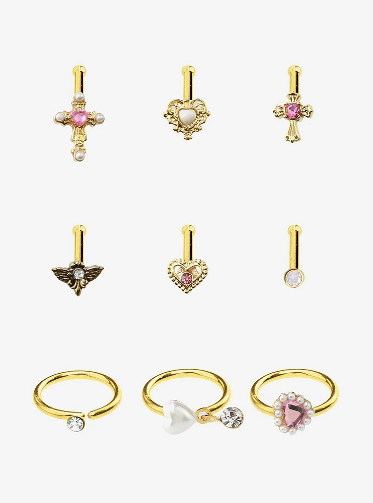 Steel Gold Cross & Heart Nose Stud Hoop 9 Pack