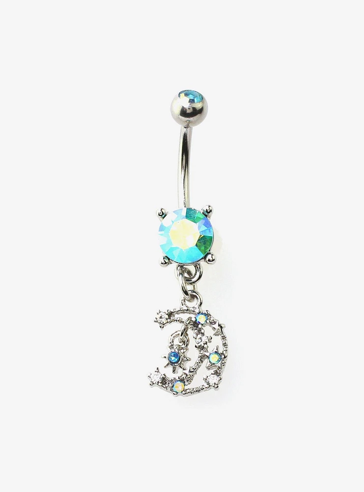 14G Steel Silver Jeweled Crescent Moon Navel Barbell