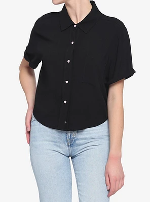 Black Boxy Heart Buttons Girls Crop Button-Up