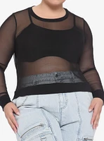 Black Mesh Layered Girls Crop Long-Sleeve Top Plus