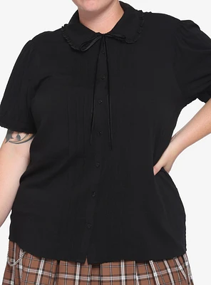 Black Puff Sleeve Tie-Front Girls Woven Button-Up Plus