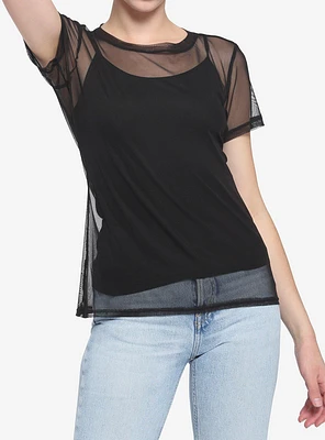 Black Mesh Girls Short-Sleeve Shirt