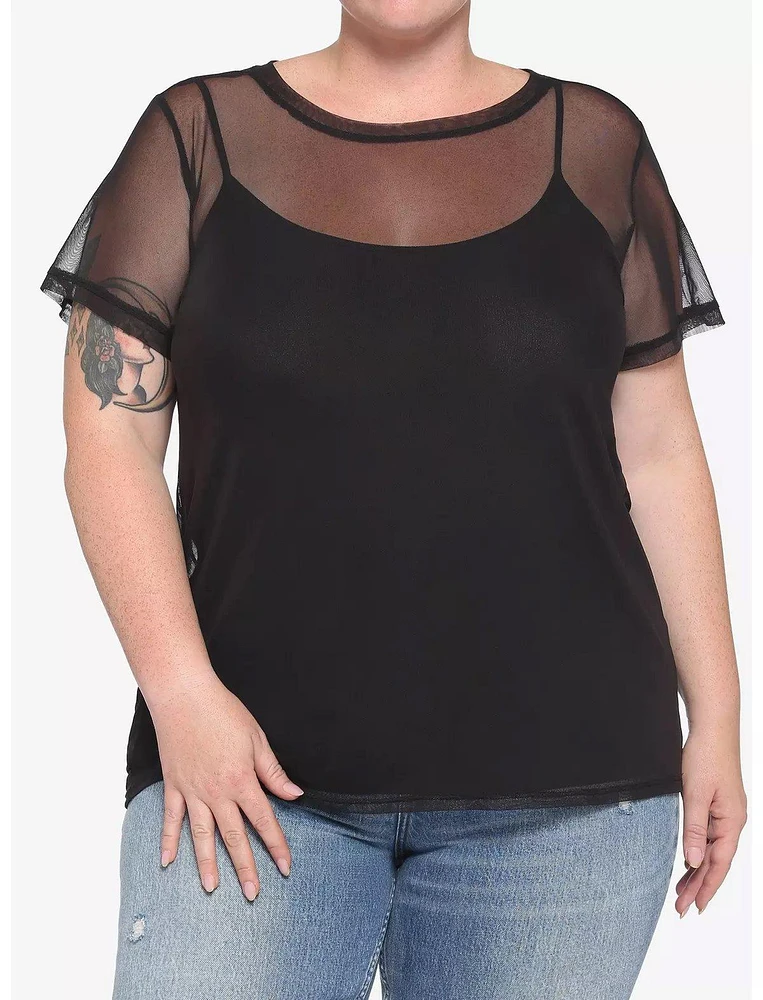 Black Mesh Girls Short-Sleeve Shirt Plus