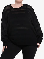 Social Collision Black Mesh Stripe Girls Knit Long-Sleeve Top Plus