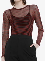 Black & Red Stripe Mesh Girls Long-Sleeve Top