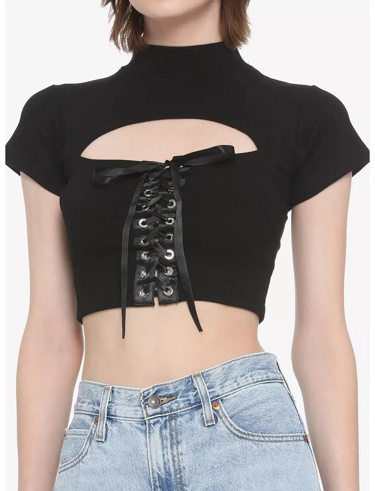 Black Lace-Up Cutout Mock Neck Girls Crop Top