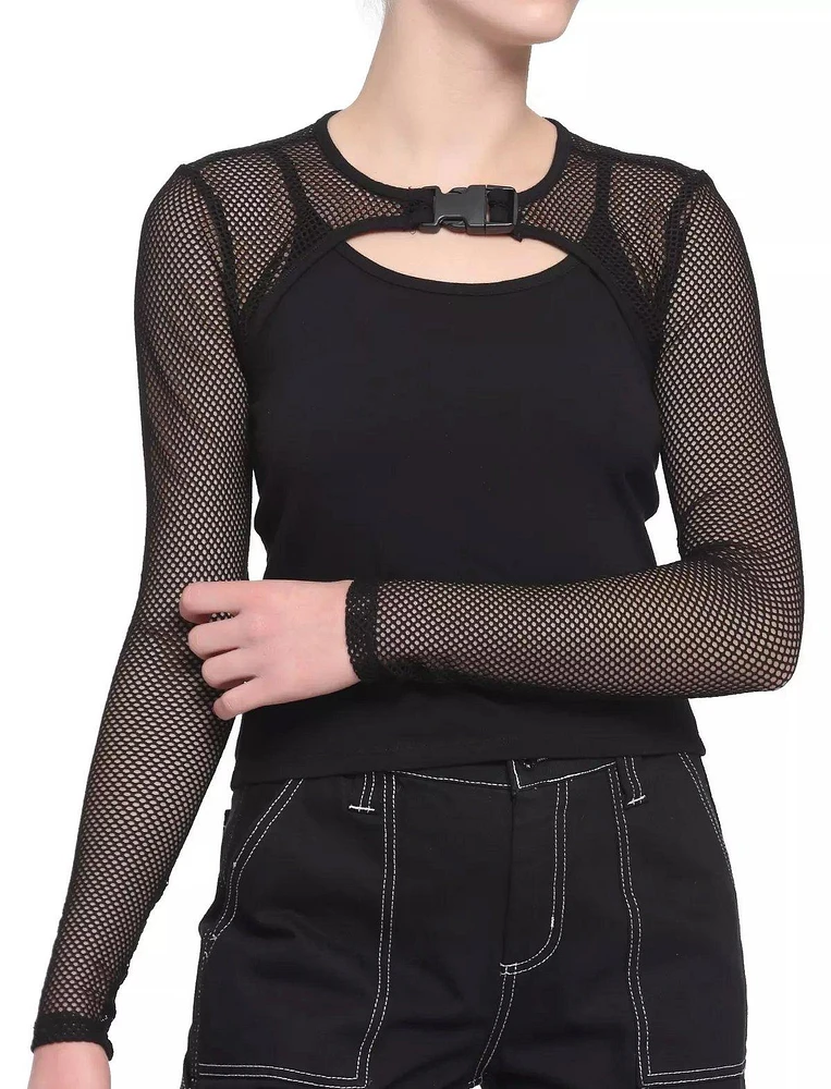 Black Fishnet Buckle Twofer Girls Top