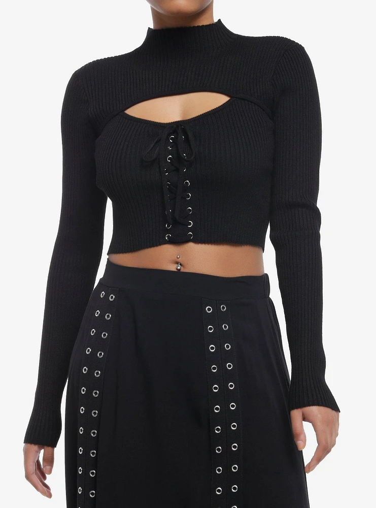 Cosmic Aura Black Lace-Up Mock Neck Girls Crop Long-Sleeve Top