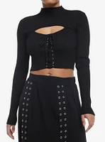 Cosmic Aura Black Lace-Up Mock Neck Girls Crop Long-Sleeve Top