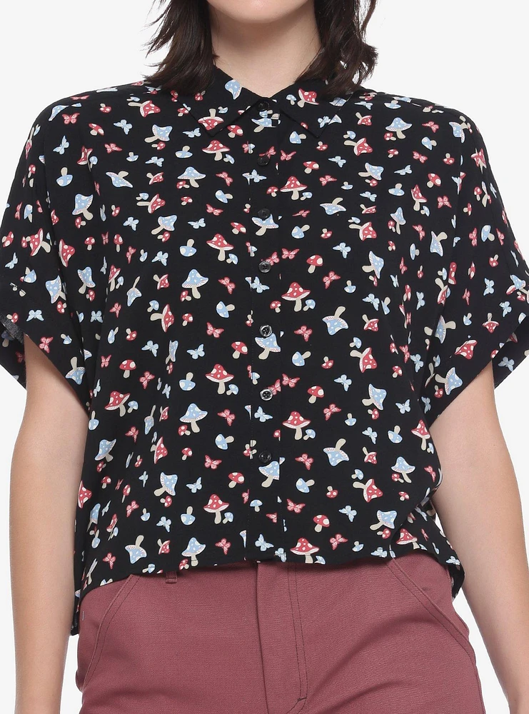 Mushroom Butterfly Girls Woven Button-Up