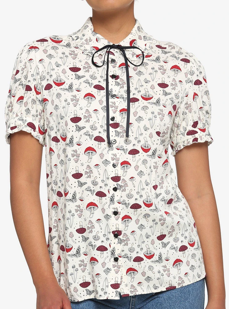 Mushroom Puff Sleeve Girls Woven Button-Up