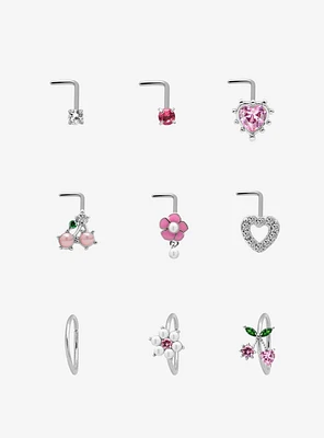 Steel Silver Cherry & Pearl Nose Stud Hoop 9 Pack