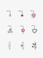 Steel Silver Cherry & Pearl Nose Stud Hoop 9 Pack